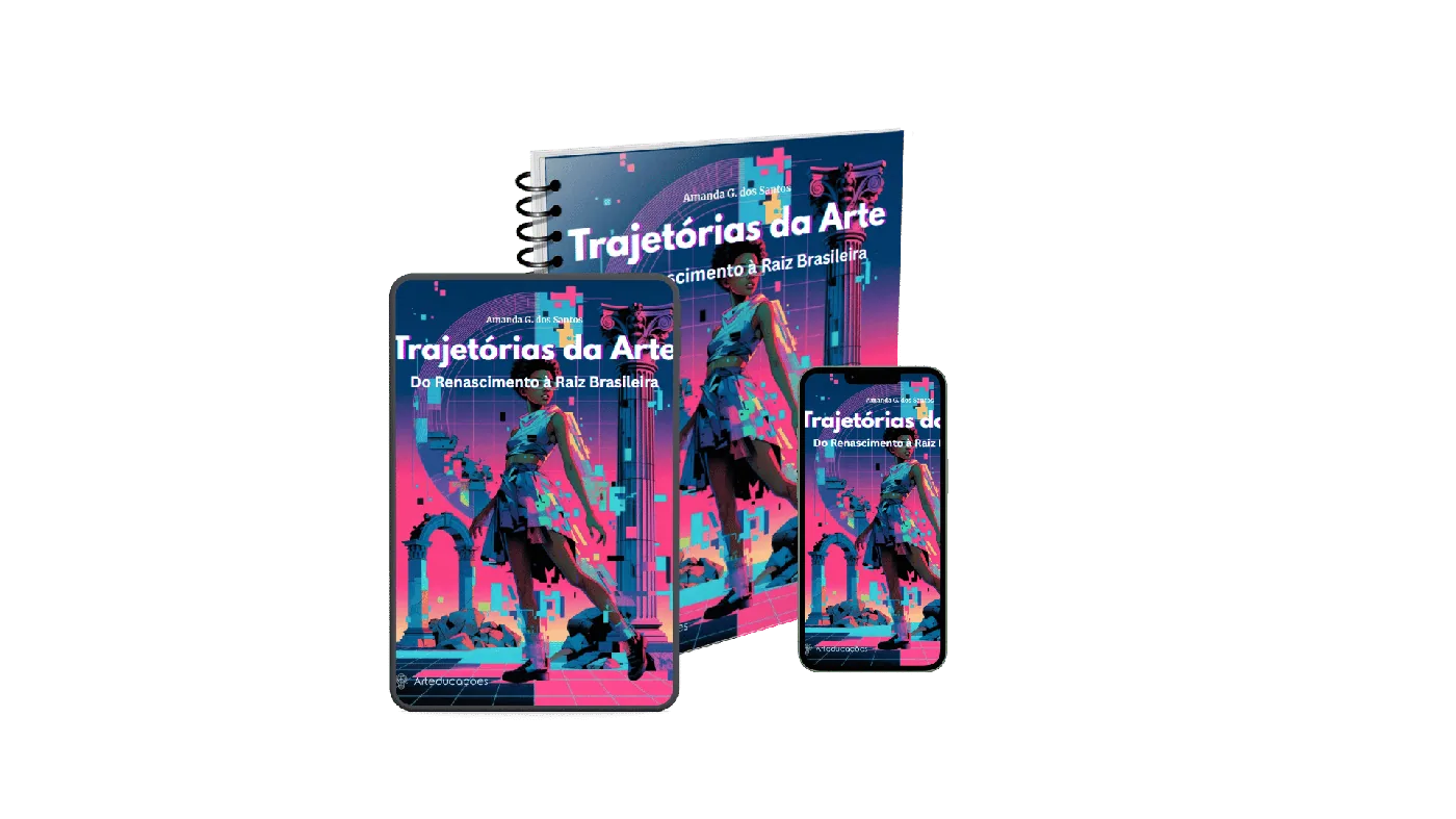 Mockup do livro Trajetórias da Arte em capa, tablet e celular
